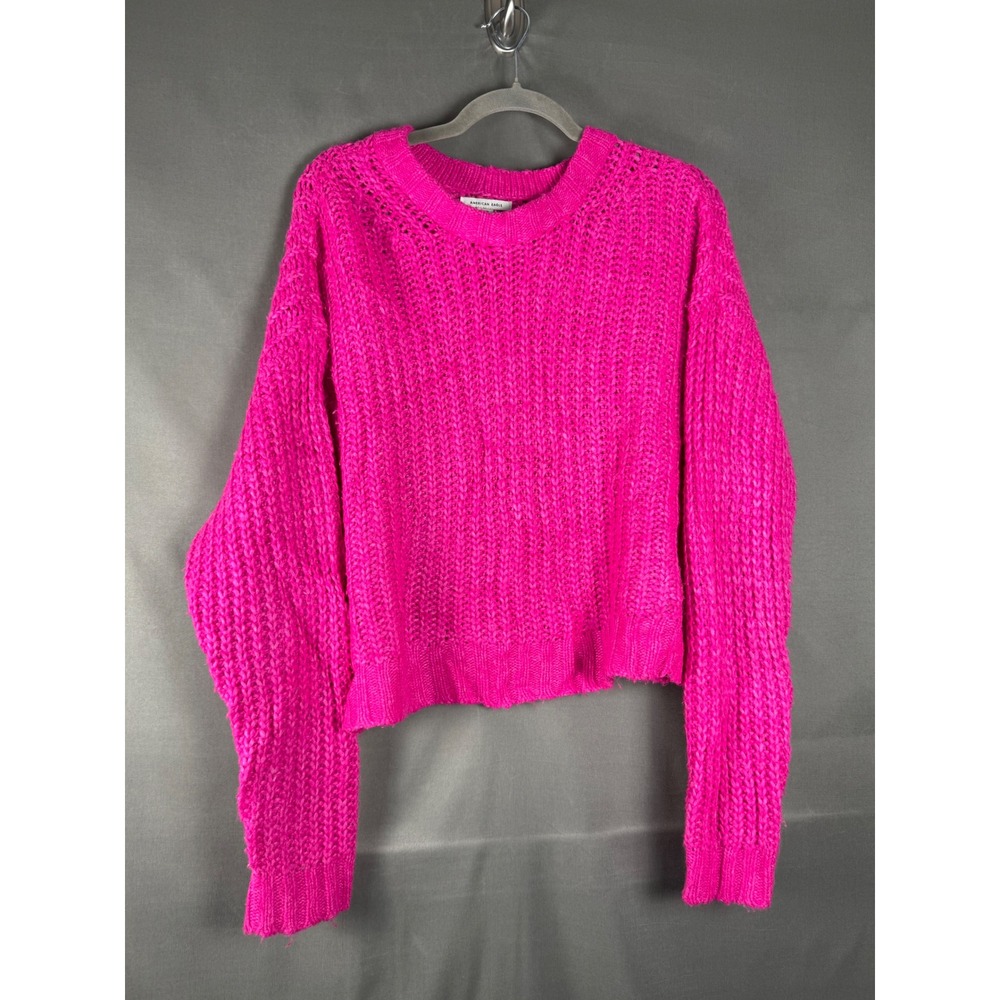 American Eagle Sweater Womens Medium Pink Chunky Knit Crew Neck Cropped Relaxed